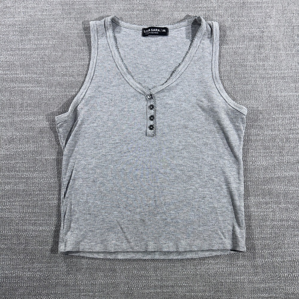 Liz & Sara Tank Top Women Medium Grey Excellent Ribbed Henley Sleeveless V-Neck